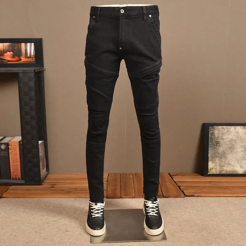 

Street Fashion Men Jeans High Quality Black Stretch Slim Fit Spliced Designer Biker Jeans Men Patched Hip Hop Denim Pants Hombre