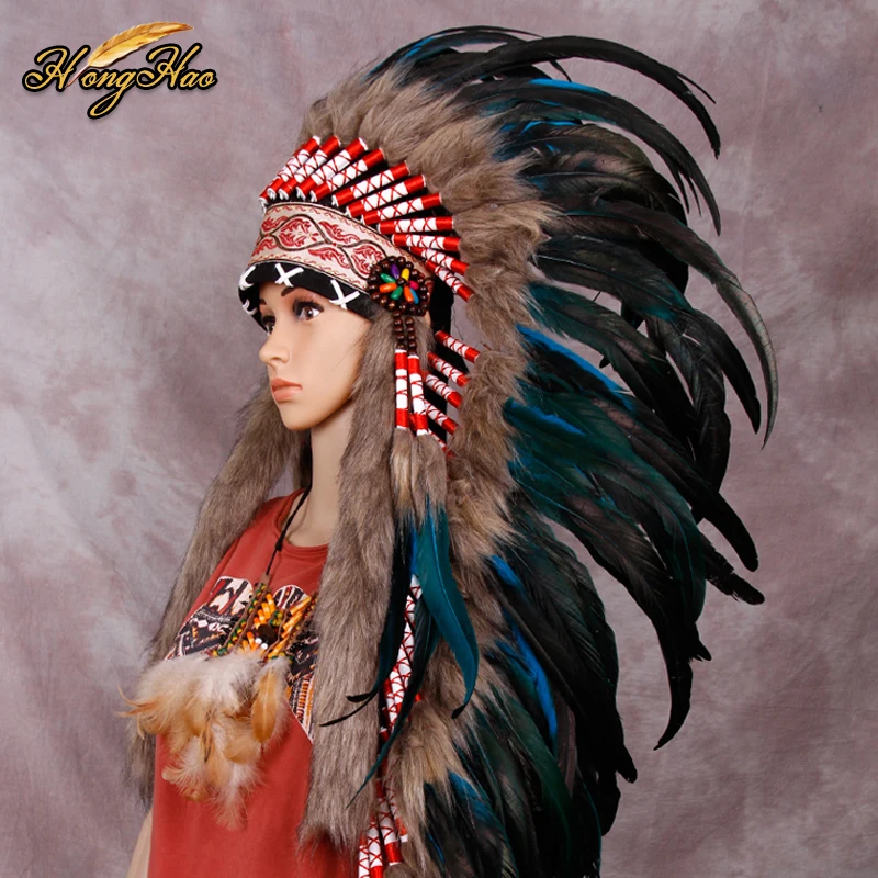 

Indian Feather Headdress Replica Made Lake Blue Feather Headpiece Costumes Handmade Feather Hat Costumes