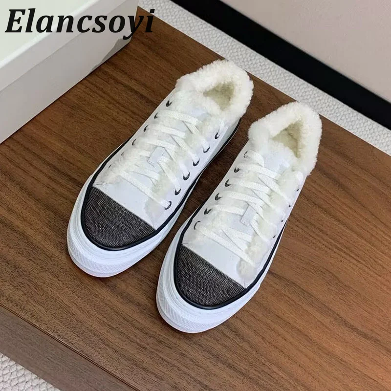Walking Shoes Cow Suede String Bead Decor Lace-up Flat Shoes Autumn Winter Women's Plush Lining keep Thick Bottom Casual Shoes