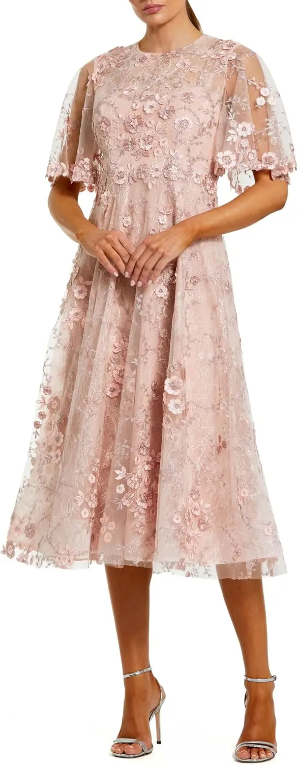 Flutter Sleeve Floral Emboridered Midi Dress Short Elegant Wedding Guest Dress