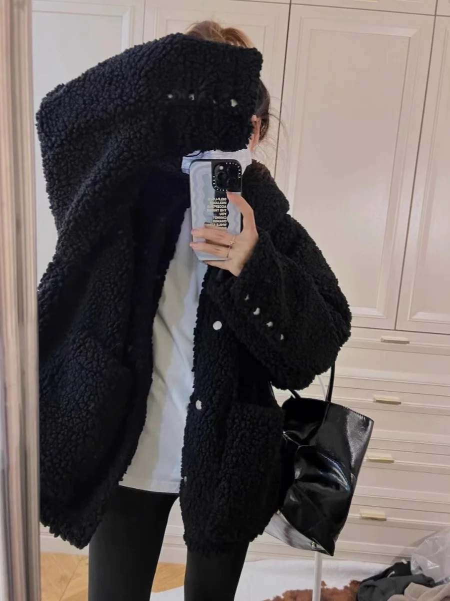 

Женское утепленное пальто средней длины с капюшоном из пушистого меха ягненка, черное, винтажное, с длинными рукавами