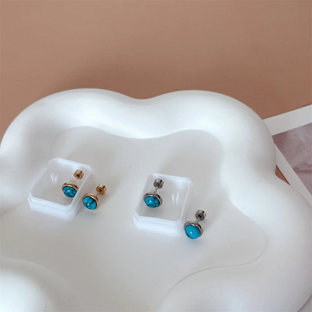 

Natural Blue Turquoise Spiral Ear Nail For Women New Small Round Exquisite Stainless Steel Earrings Girls Jewelry Accessories