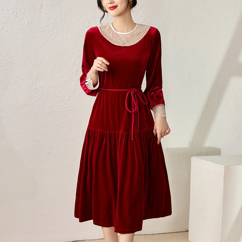 

Spring Autumn Elegant Party Dresses For Women Long Sleeve Woman Lace Patchwork Velvet Dress A-line Women's Vintage Long Dress