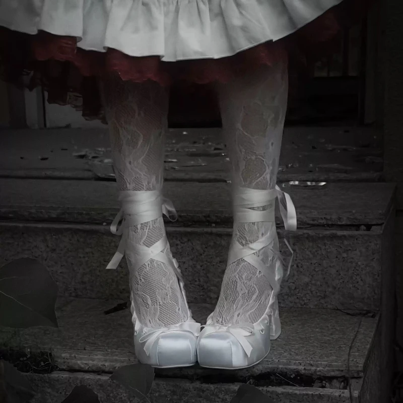 2026 New Y2K Gothic Lolita Satin Mary Jane Pumps, Square Toe Lace‑Up Bow, Block Heel, 9cm High Heel White Princess Women Shoes