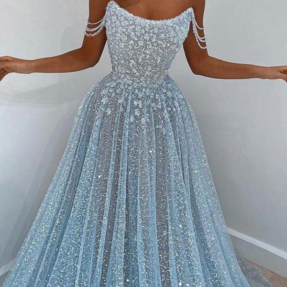 Women Sparkly Sequined Elegant Evening Dress A Line Strapless Formal Occasion Wedding Party Prom Gown For Bride Vestido De Noiva