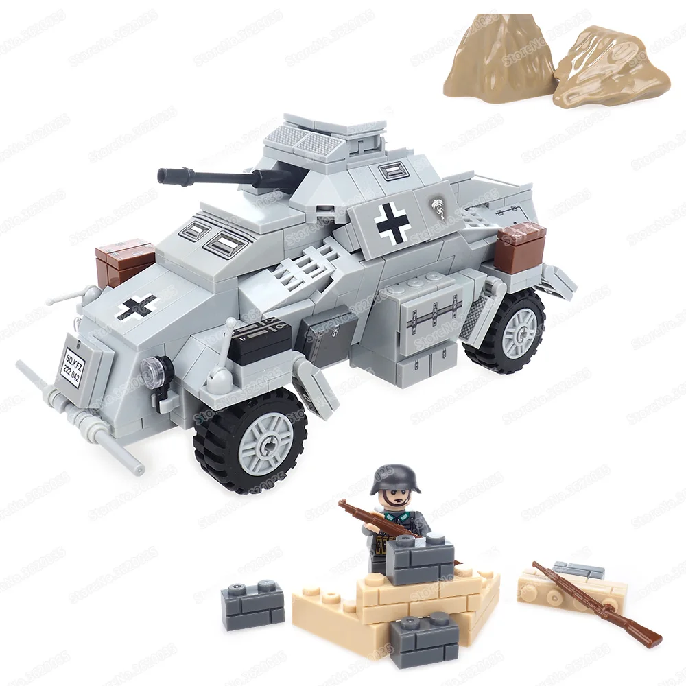 Military WW2 Sd.Kfz.222 Building Block Assemble Army Figures Four Wheels Armor Scout Car Weapons Turret Model Child Gift Boy Toy