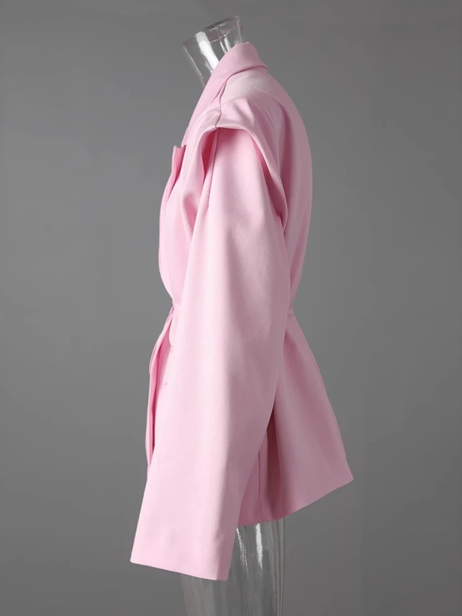 CHICEVER Solid Color Spliced Single Button Blazer for Women Notched Collar Long Sleeve Patchwork Lace Up Office Lady Coat Female