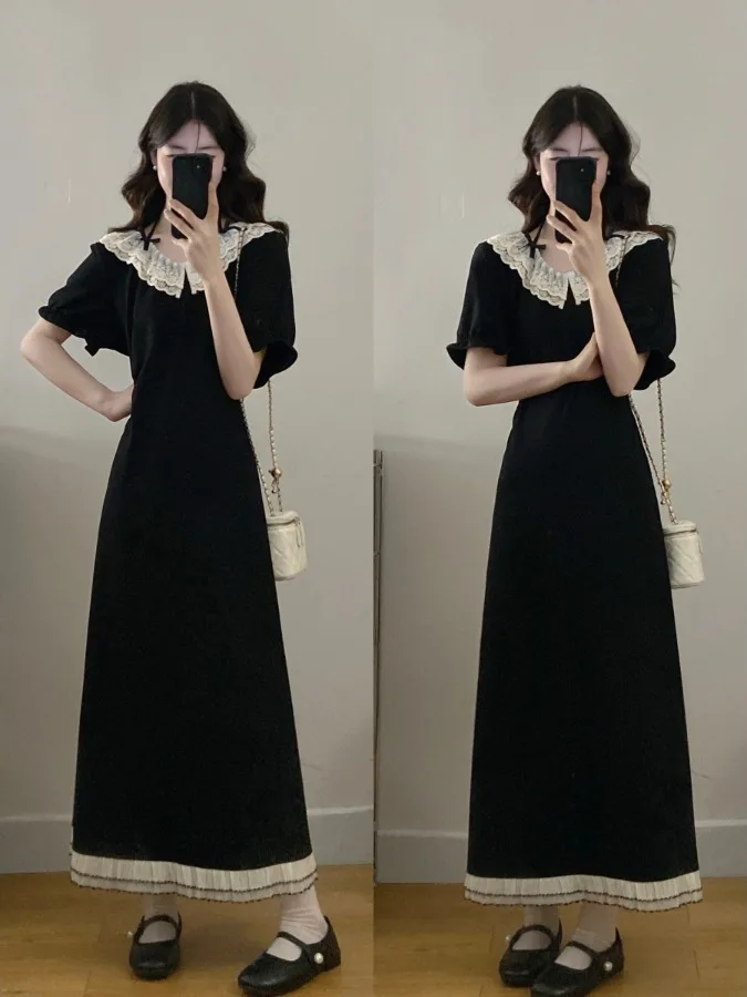 

Длинное платье с эффектом похудения, кружевными вставками, воротником-куклой, утягивающим поясом, свободного кроя во французском стиле, больших размеров, из полиэфирного волокна