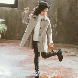 Kids Winter Wool Blend Coats Vintage Fashion Teen Girls Beige Long Jackets Warm Outerwear Thick Jacket Child 7 8 10 12 Years Old