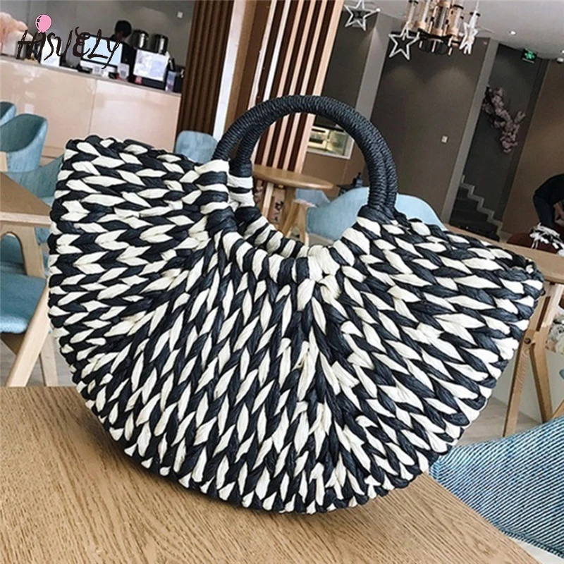 Borsa da donna colorata borsa di paglia di vimini in Rattan borsa semicircolare intrecciata borsa da viaggio Casual femminile di grande capacità