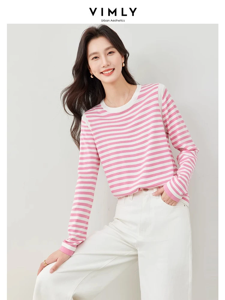 Vimly Women\'s Striped Long Sleeve Knitted Top 2024 Spring New O-neck Loose Lyocell Knit Pullovers Soft Female Knitwear 72911