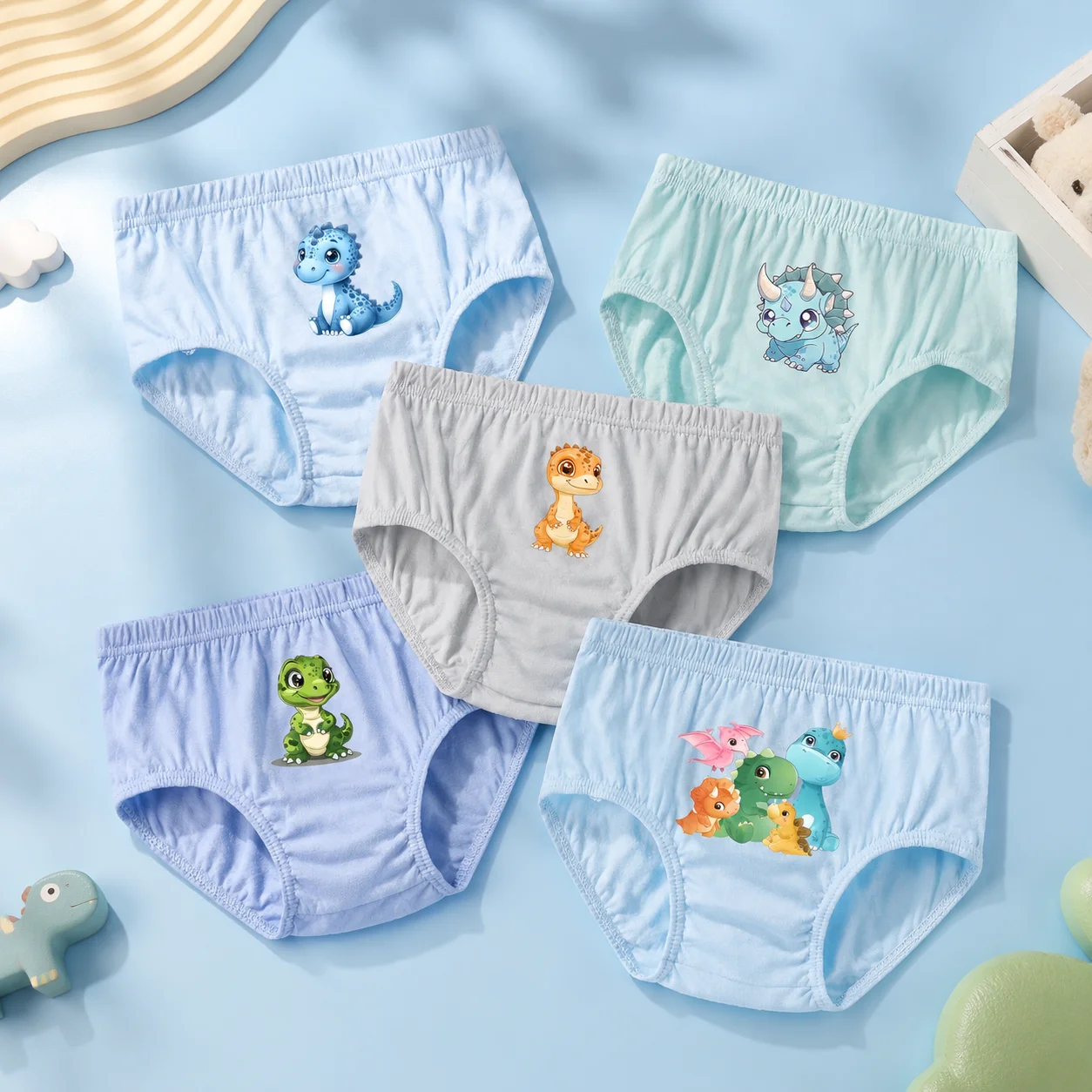 Kids Cotton Triangle Underwear Dinosaur Pattern - Boys Breathable Soft Briefs Set of 5 High-Quality Comfortable Children's Un