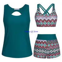 F1FD Mujeres Traje baño estampado flores 3 PCS División trajes baño Tankini Swimmin Traje traje baño Ladies