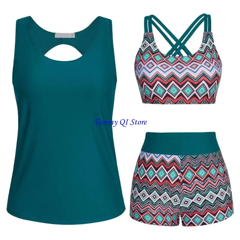 F1FD Women Flowers Print Bathing Suit 3 Pcs Split Swimwear Tankini Swimsuit Swimming Costume Set Ladies Sports Swimwear