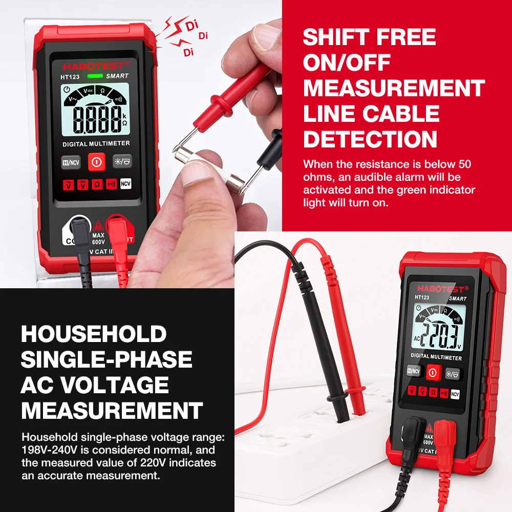 HABOTEST HT123 Digital Multimeter AC/DC Voltage Resistance Continuity Measurement Tester NCV Multimeter Voltmeter