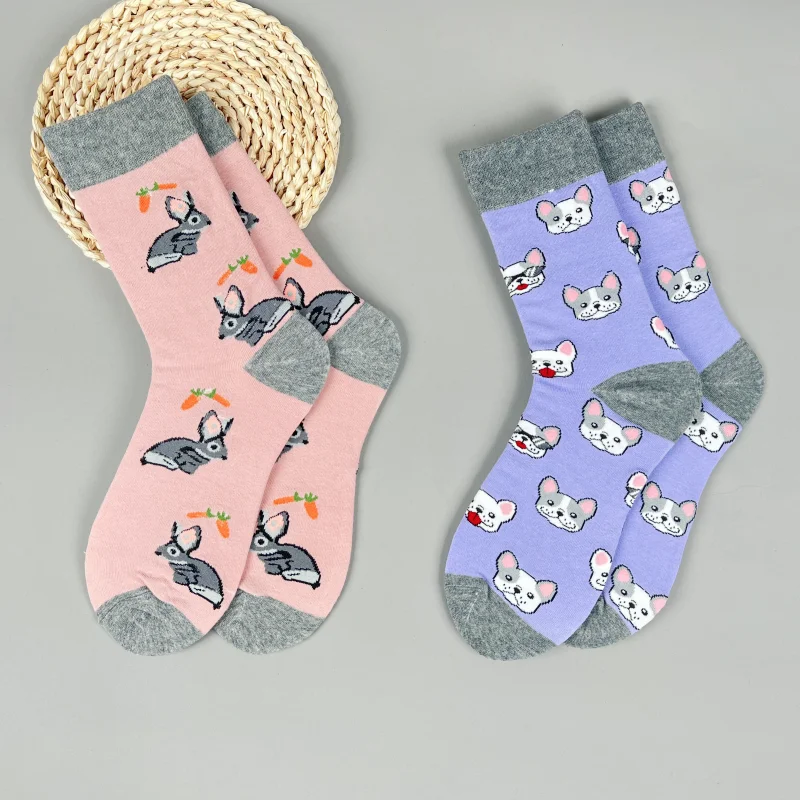 2 Pair Cartoon Animal Pattern Lovely Bunny And French Bulldog ,Soft Cotton Blend,  Women's Short Socks