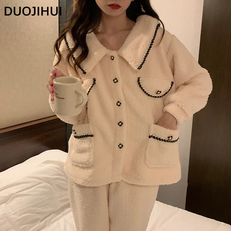 DUOJIHUI Sweet Thick Warm Long Sleeve Female Pajamas Set Winter New Loose Solid Color Simple Fashion 3-colors Pajamas for Women