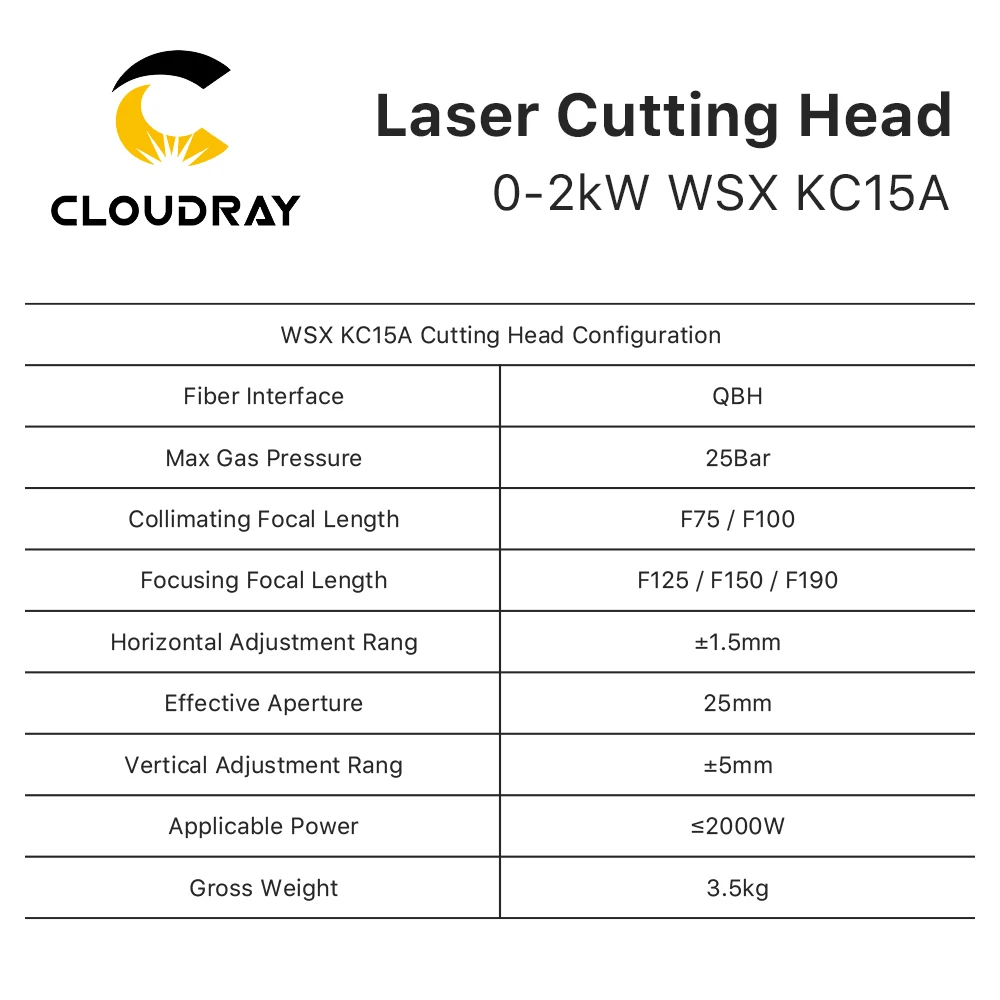 Cloudray-cabezal de corte láser de fibra WSX 0-2kw, KC15, cabezal de corte Manual, 2000W, para corte de Metal