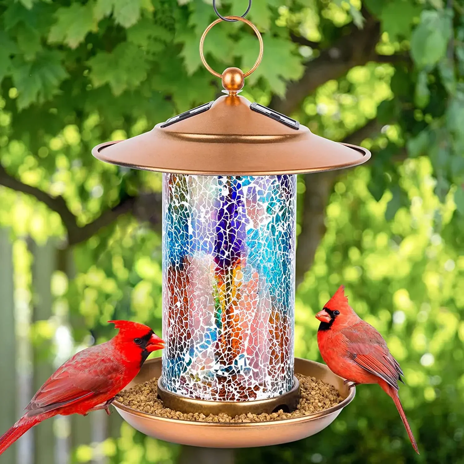 Bird Feeder Outdoor Automatic Solar Light Power Mosaic Glass Tube Wild Bird Feeder With Food Tray For Outdoor Garden Hanging