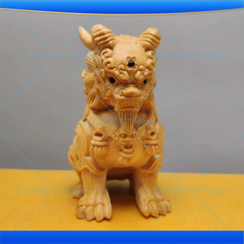Wood Carving Three-eyed Kirin God Beast Statue Chinese Mythical Animals Home Room Office Features Feng Shui Decorative Statue
