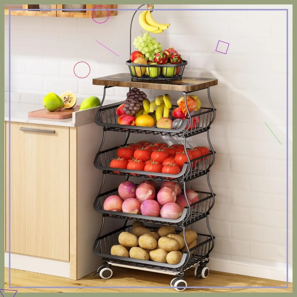Wooden Top Table with Stackable Metal Wire Basket Cart for Kitchen Pantry Organization, Black