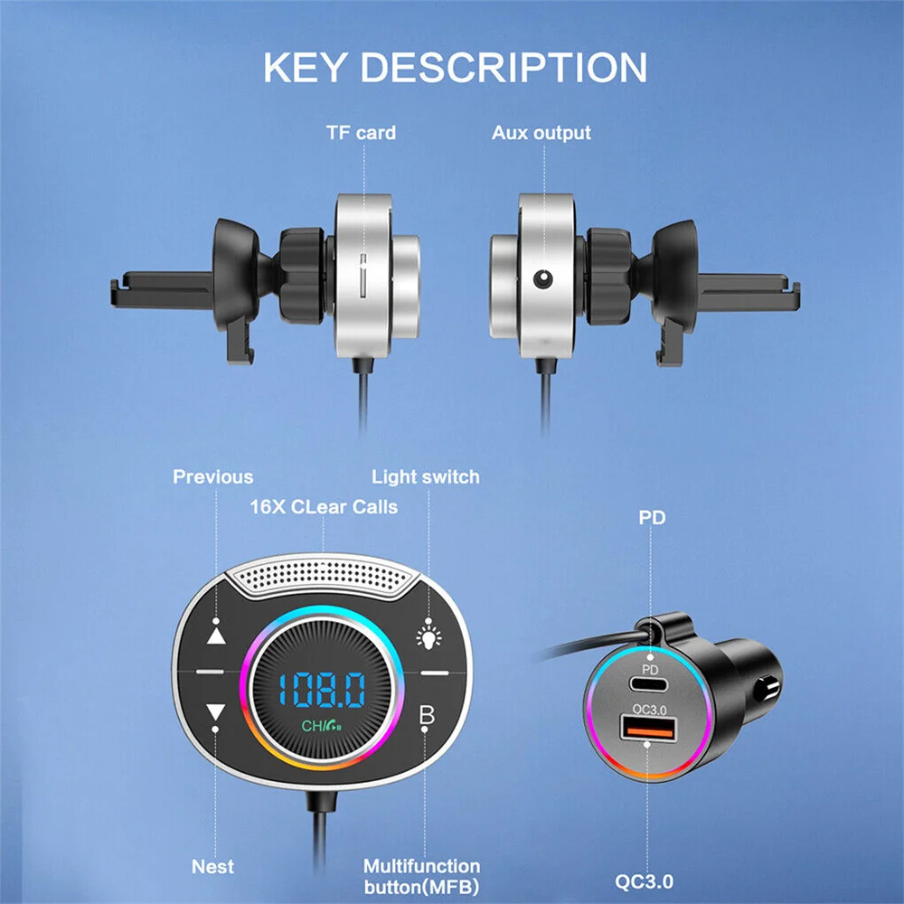 Bluetooth 5.3 FM nadajnik samochodowy 3.5mm AUX Adapter MP3 odtwarzacz PD 30W QC 3.0 szybka ładowarka hi-fi Adapter muzyczny głośnomówią połączenie