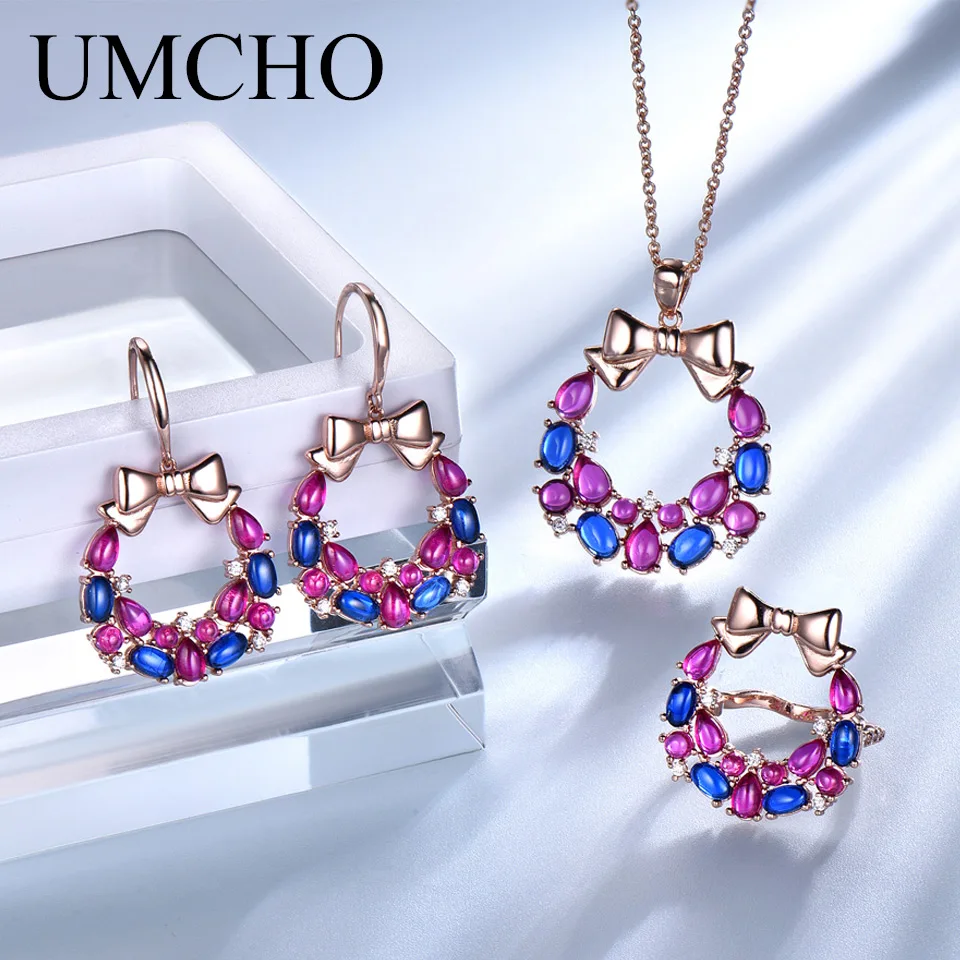 

Christmas Wreath Bow Jewelry Set Romantic Colorful Spinel Gemstone Ring Necklace Pendant Earrings Gift