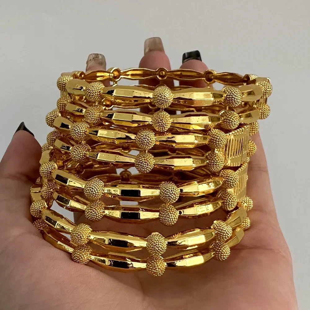 6Pcs/Set Gold Bangles New Small Bead Cuff Bracelet 24K Gold Dubai Bangladeshi Women's Wedding Party Accessories Jewelry Gifts