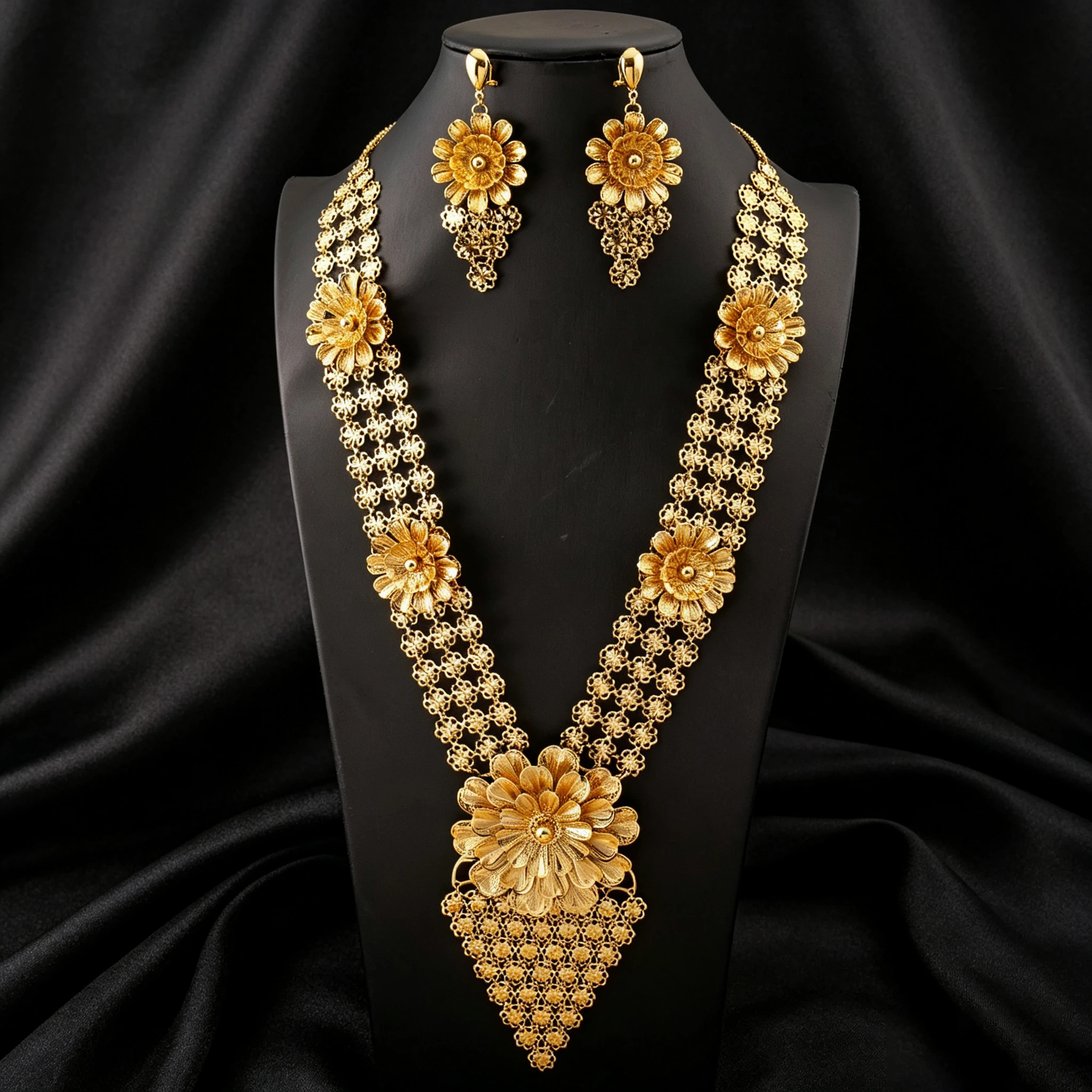 Goldene Quastenblume, vergoldete große Halskette im orientalischen Stil, Creolen, ethnische Schmuckaccessoires, Brautgeschenke für Hochzeiten – Detail 1