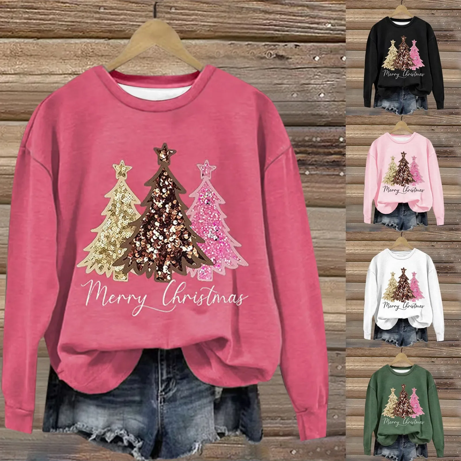 Xmas Tree Hoodie Women Christmas Luxury Tree Print Sweatshirt O-Neck Long Sleeve Loose Baggy Pullover 2024 Autumn Female Clothes