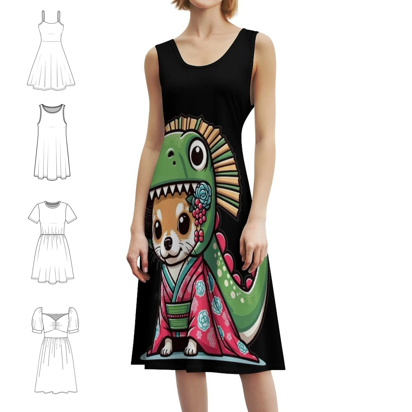 Pup Folly Abito senza maniche bohémien Multi-stampa Abito da festa per le vacanze al mare Chihuahua Dinosauro Grafica Divertimento Abiti da festa per cani Dino