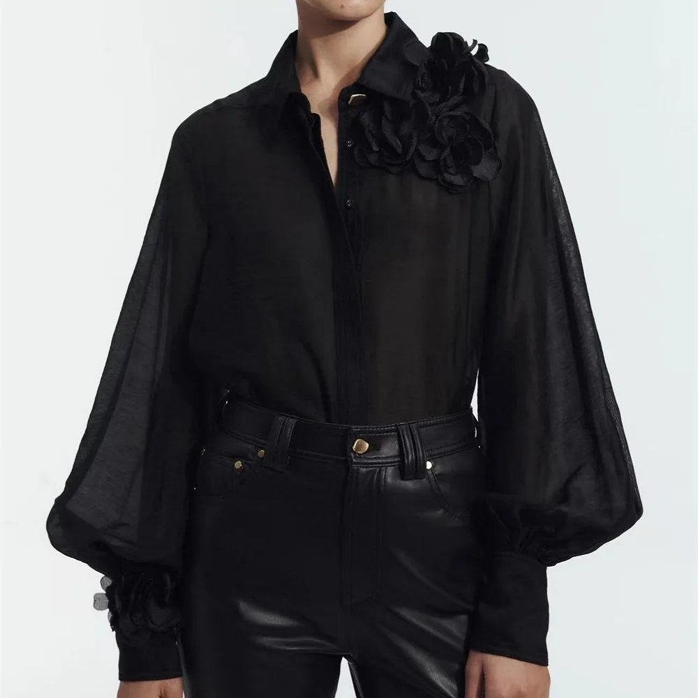 2026 Women's Fashion Shirt – Organza Appliqué, Loose & Casual, Cardigan-Style Top (Y2K Style) – Trendy & Versatile bra