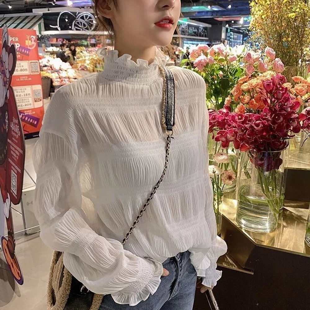 Petal Collar Flare Sleeve Pleated T Shirt Women Sweet Chiffon Blouse Shirts S-XXL Cuties Turtleneck Female Blouses Tops Girls
