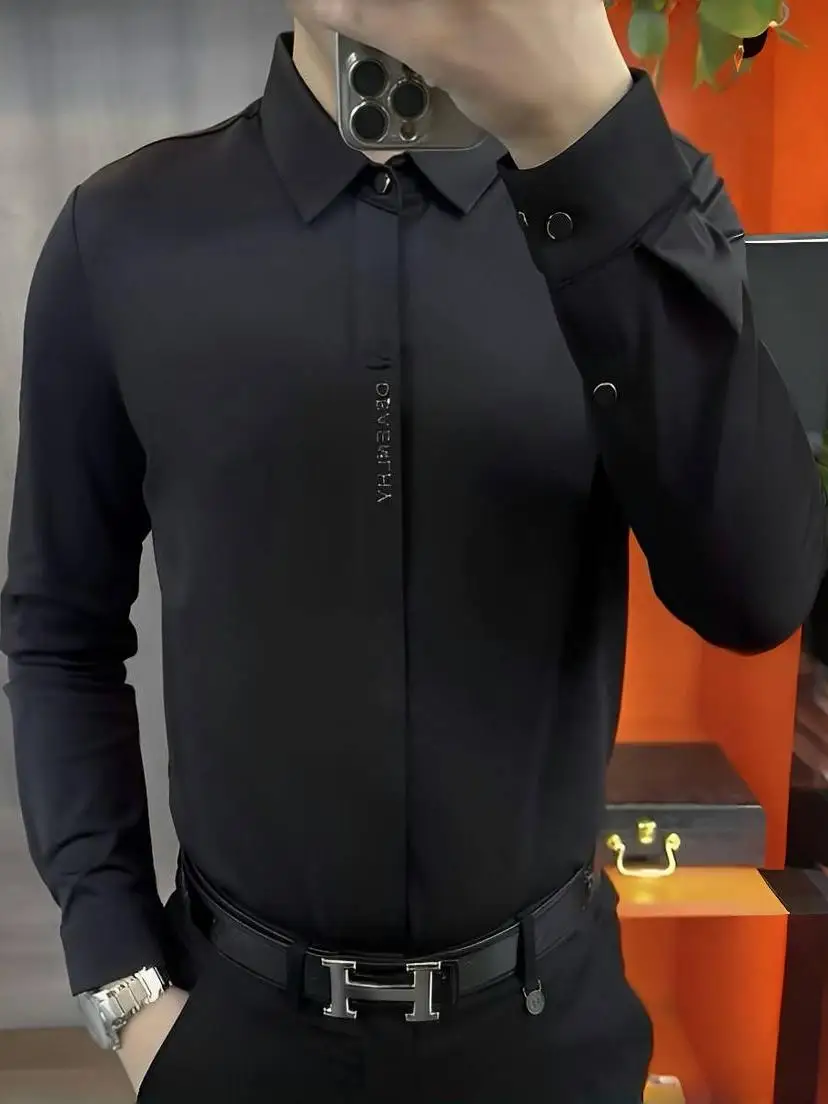 

Slim Fit Long Sve Men's irt Faionable Bla Rhinestone European Sle Collar Busin Casual Breathable Urban Youth Au...