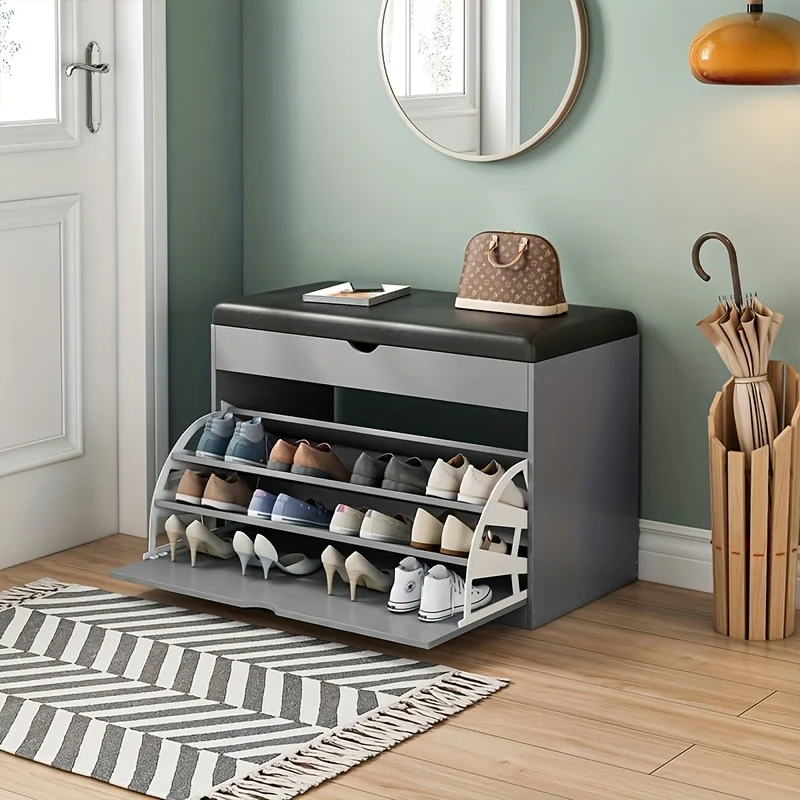 Wooden Shoe Bench with Storage | 3-Tier Shoe Rack, Cushioned Seat & Hidden Cabinet | Space-Saving Entryway Organizer for Home image 2