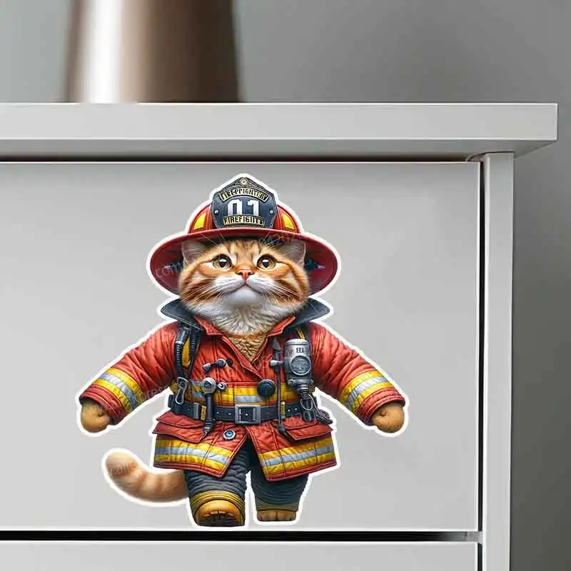 Cat Firefighter Self-Adhesive Wall Stickers for Children's Bedroom Animal Mural Home Decor Background Decoration AA329