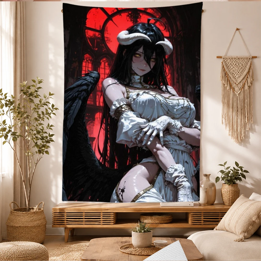 Albedo Black Hair Anime Tapestry Wall Hanging  Horns Demon Wings Vertical Poster Bedroom Dorm Room Home Decor Fans Gifts