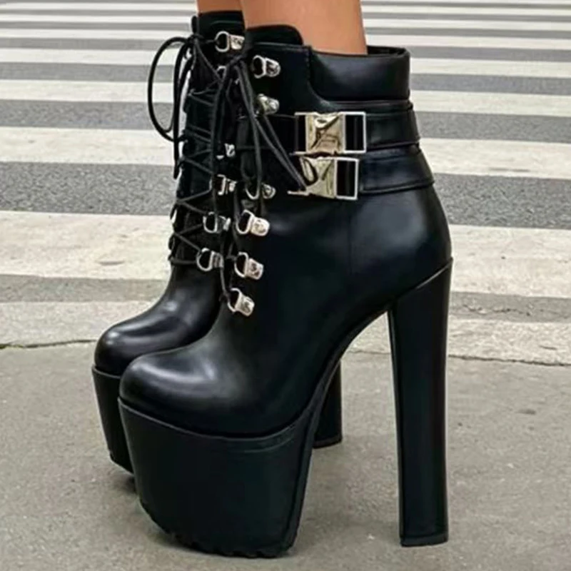 Eilyken Street Design Schnür-Plateau-Stiefeletten für Damen, Modische Quadratische High Heels, Bankett-Nachtclub-Schuhe mit Reißverschluss