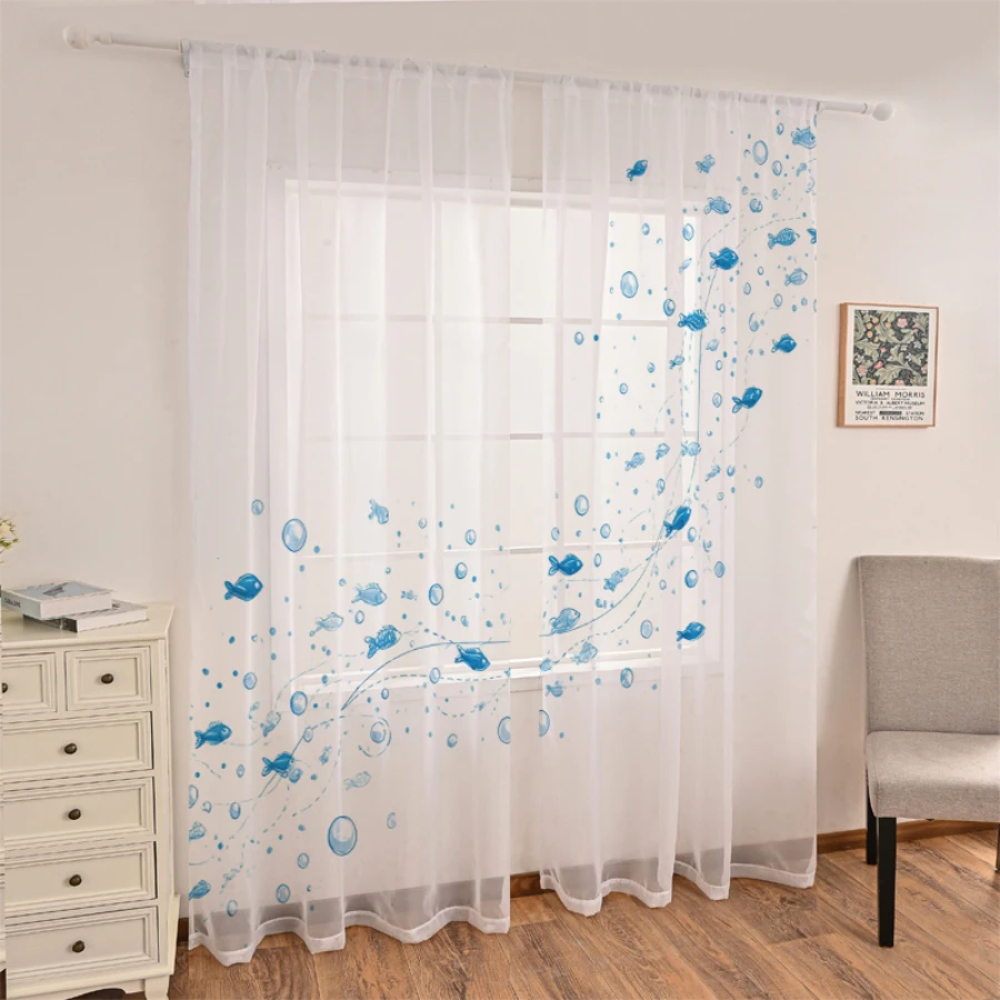 2PCS Digital Print Sheer Curtain, Blue Bubble Fish School, Boho Chic Window Curtains for Living Room Bedroom Home Decor