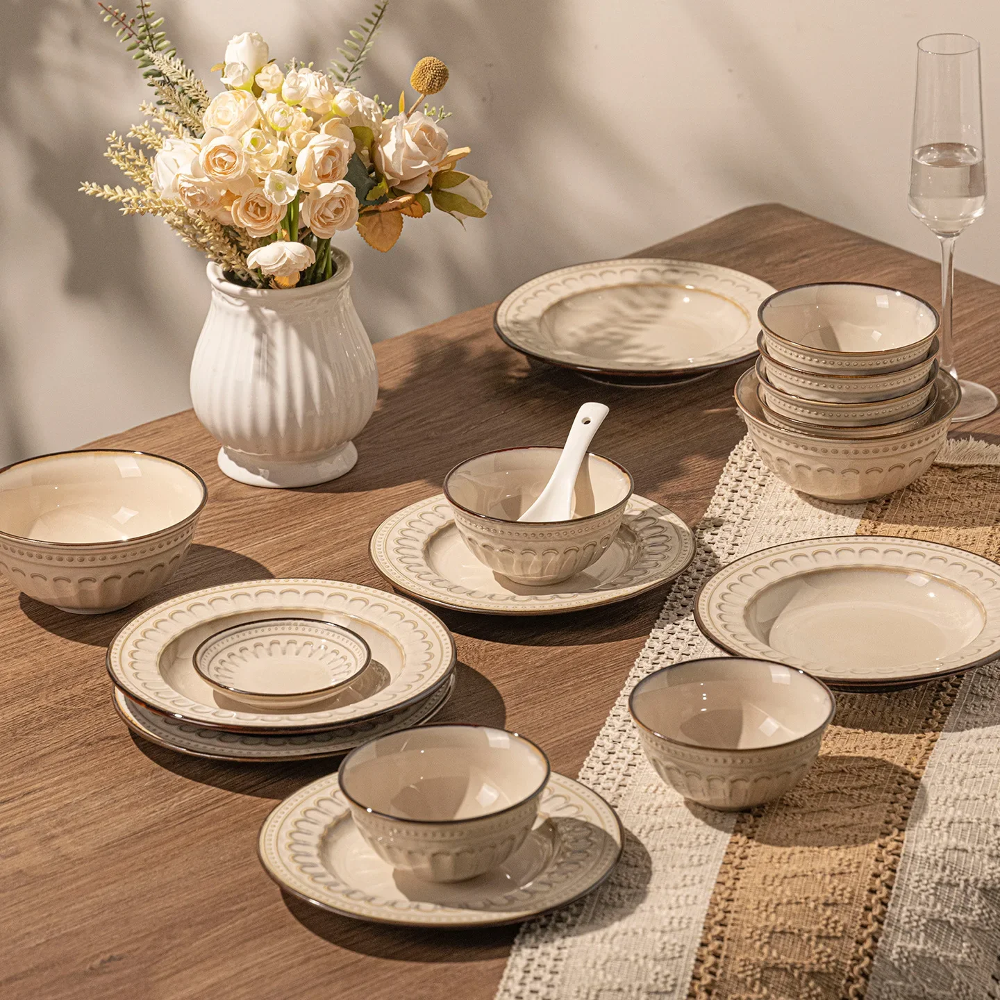 dinnerware set - retro ceramic tableware for home use (bowls, plates, and chopsticks)