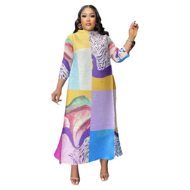 

Miyake Pleated Fashionable Plus Size Dress with Half High Collar, Loose Color Blocking, Long Sleeved, Elegant Women's Skirt