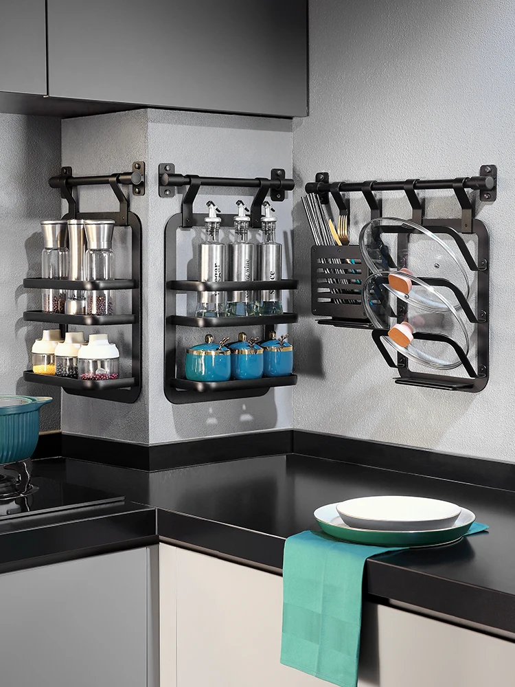 Kitchen shelf Wall-mounted knife holder Seasoning chopsticks Pot lid holder Wall non-punching rod hanger Storage rack