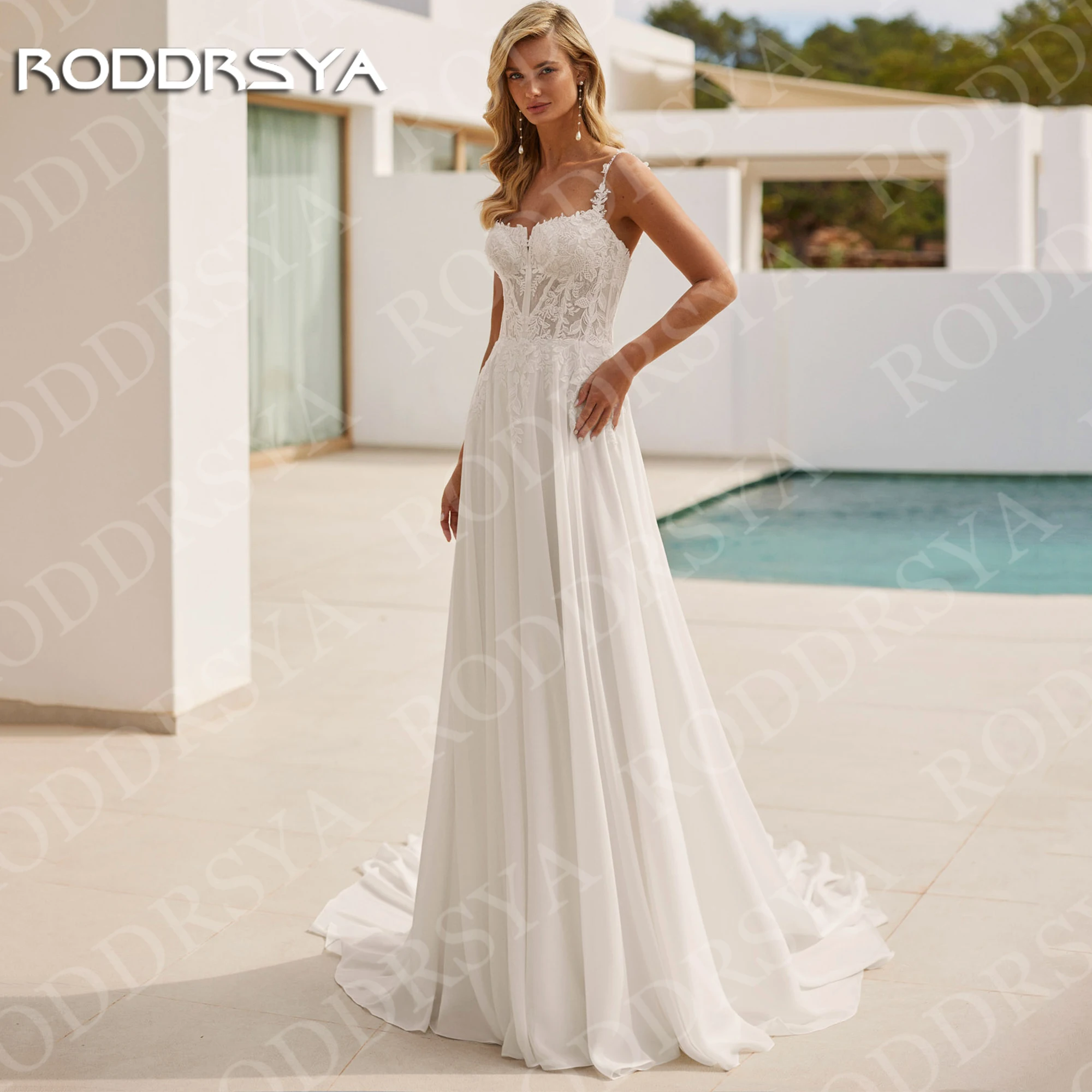 RODDRSYA Strand-Chiffon-Hochzeitskleid im Boho-Stil mit Spitze Spaghettiträgern A-Linie quadratischem Ausschnitt Brautkleider maßgeschneiderte Brautkleider Strand Chiffon Brautkleid Boho Spitze