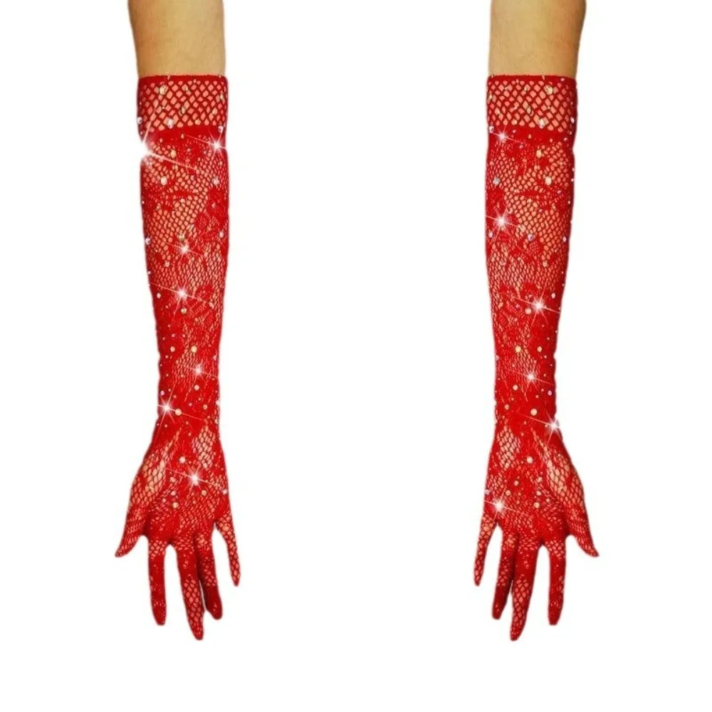Новые сетчатые длинные варежки, праздничное платье, косплей, ажурные перчатки, танцевальный костюм, блестящие перчатки со стразами, сексуальные