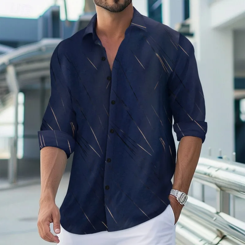 Men's Fashion Gold Line Print Casual Long Sleeve Shirt Slim Fit Button Down Blouse