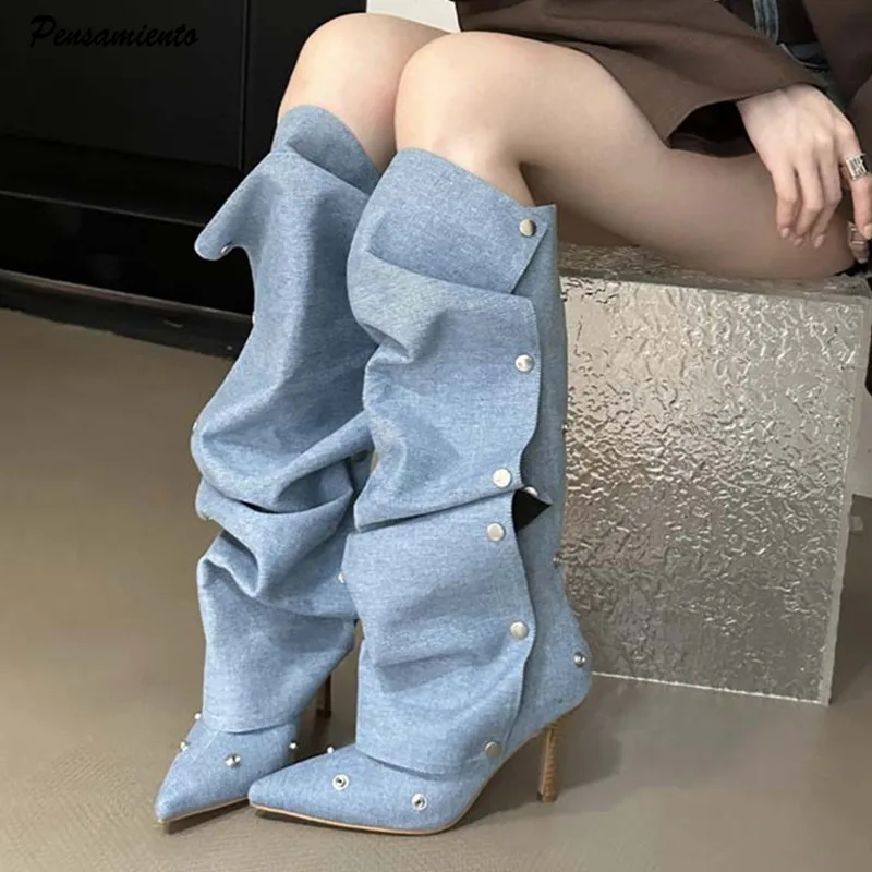 Autumn Winter Flod Metal Button Leather Women Knee-High Boots Fashion Thin High heels Rivet Cowboy Long Boots Shoes Botas Mujer