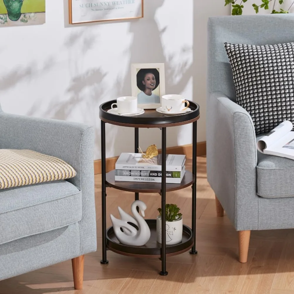 

Round End Table with 3 Storage Shelves , Nightstand with Steel Frame for Small Spaces, Industrial Round Sofa Table