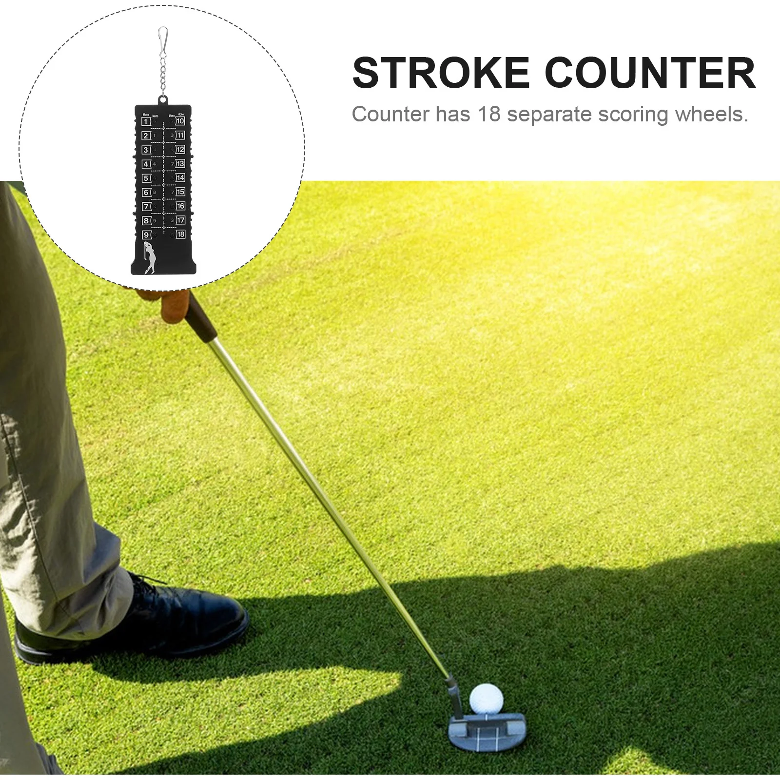 عداد نقاط 18 فتحة للاعبي الغولف باللون الأسود 155 × 60 × 5 مم سلسلة مفاتيح معدنية بلاستيكية تصميم سهل الحمل