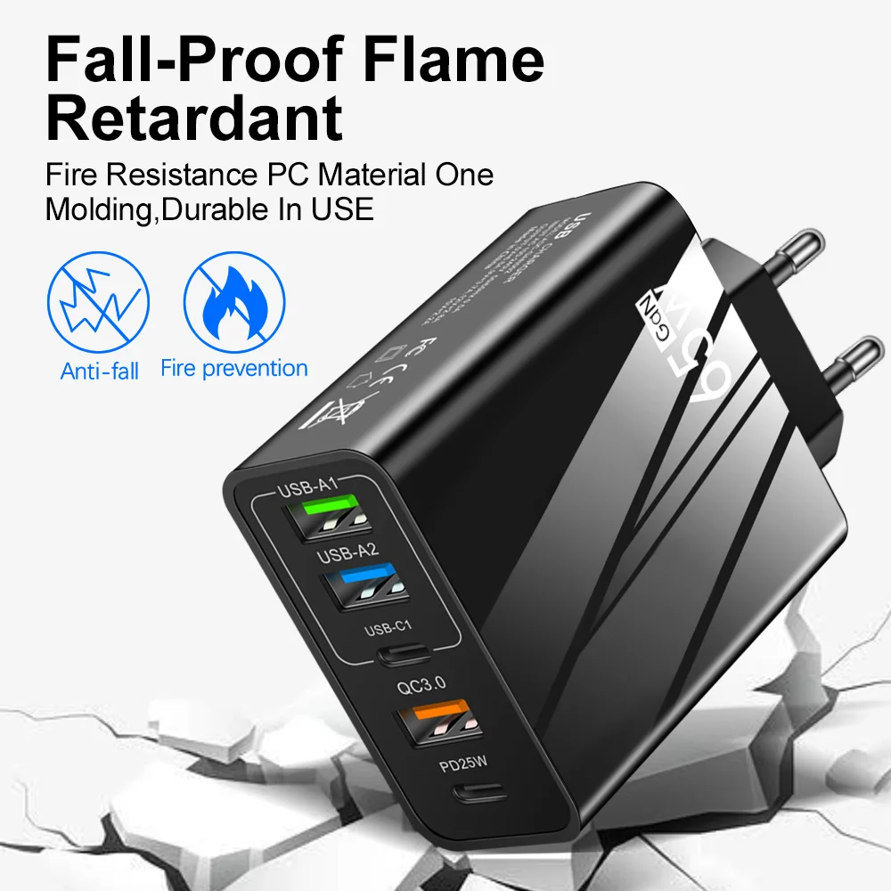 5 Ports USB Fast Charger 65W PD Type C Wall Charger Adapter For iPhone 15 14 Pro Max Xiaomi Samsung EU/US Plug GaN Phone Charger