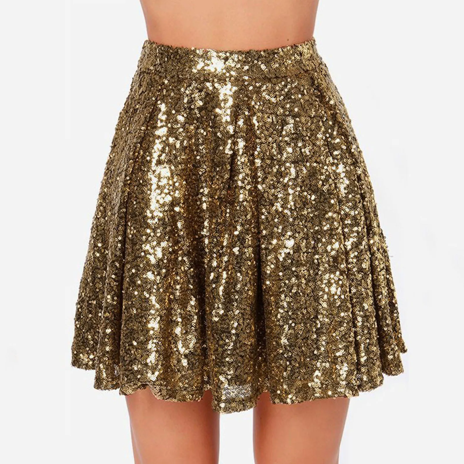 Women's Fashion Casual Skirts High Waist Pleated Solid Color Skirt Loose Golden Sequined Short Sexy Half Length Skirts For Women